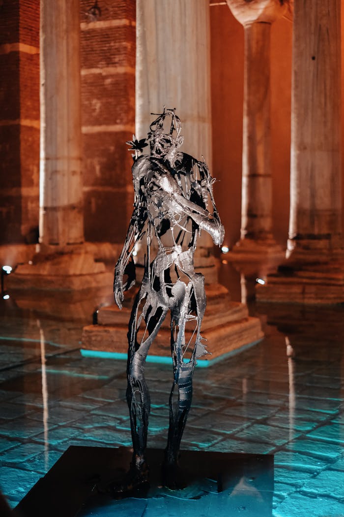 Contemporary metal sculpture showcased in a dimly lit gallery with architectural columns.
